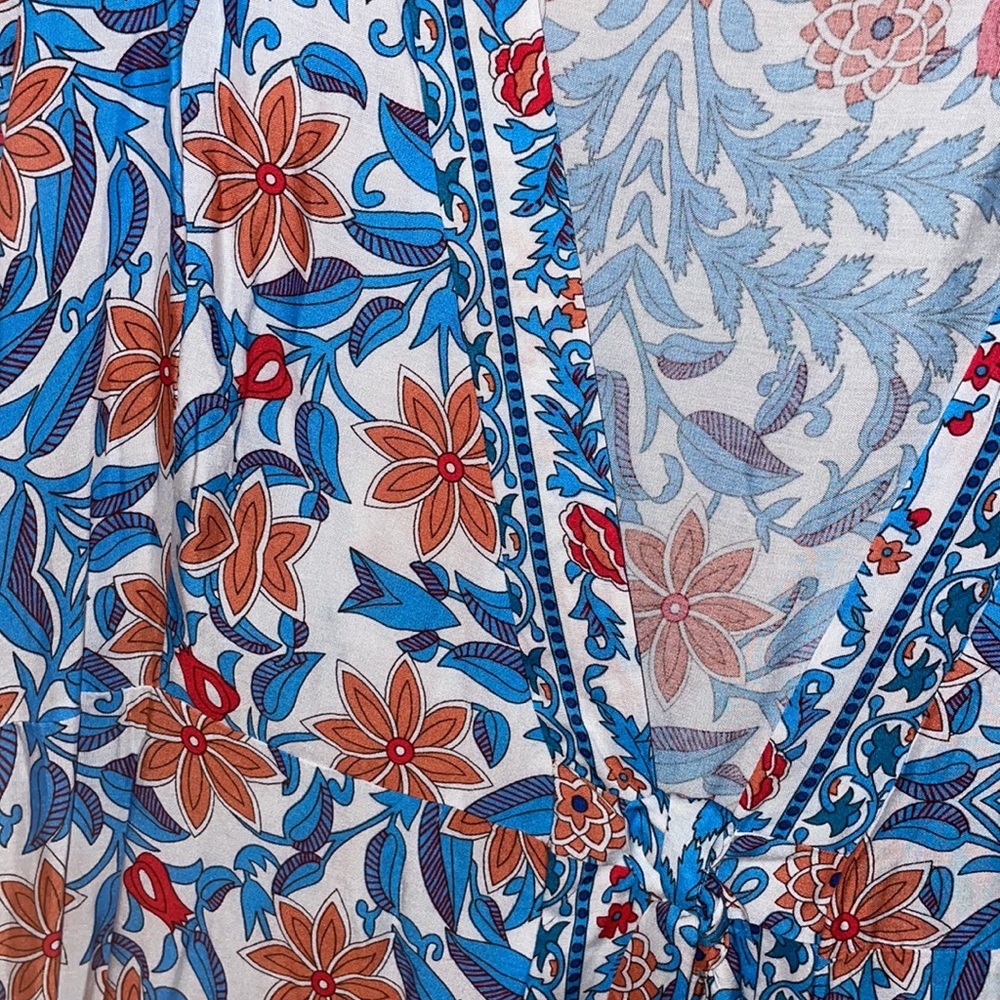 Bohemian Gypsy Floral Print Dress Tie Sleeve Slit - Picture 9 of 15
